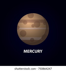 Mercury Icon on Space Background. Planet of the Solar System. Vector Illustration. Flat Style. Graphic Design for Education Classes, Study Books, Planetarium, Flayers, Banners, Posters, Cards.