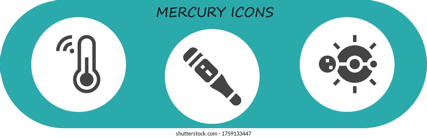 mercury icon set. 3 filled mercury icons. Included Thermometer, Solar system icons