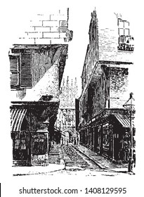 Mercury Lane is an approach to Canterbury Cathedral, vintage line drawing or engraving illustration.