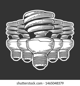 Mercury light bulb. Vector concept in doodle and sketch style. Hand drawn illustration for printing on T-shirts, postcards. Icon and logo idea.