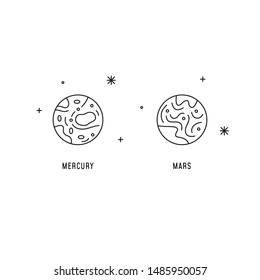 Mercury and Mars icons in vector. Isolated linear elements of Solar System. Cosmic illustration for print and digital design. Banner, flyer, web, app.