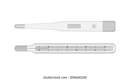 Mercury medical thermometers and tablets. Vector illustration isolated on white. Medical instruments and preparations. Temperature measuring instrument. Health
