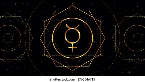 Mercury planet icon. Astrological sign of golden color on a black background with geometric ornament.