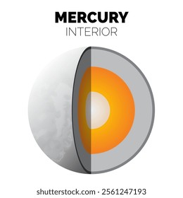 Mercury Planet Interior or Layers of the Mercury with Solid Core, Rocky Mantle and Silicate Crust Isolated Illustration