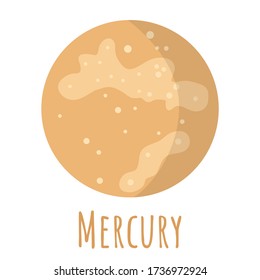 Mercury planet for logo, outer space, symbol. Smallest planet. Transparent shadow and lettering. Vector illustration isolated on background. Flat style design.