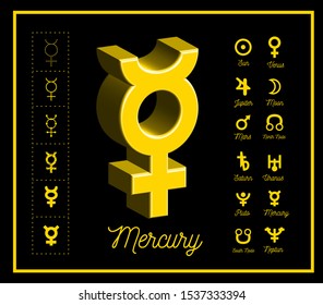 Mercury planet sign with other astrological symbols of the planets on black background. Vector illustration