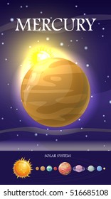 Mercury planet. Smallest and innermost planet. Its orbital period is less than any other planet in Solar System. Outer space, galaxy and earth. Astronomy science aspect. Sun system. Universe. Vector