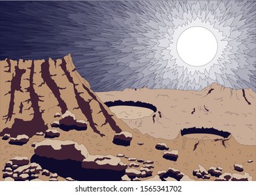 Mercury planet surface close up with sun views, vector illustration