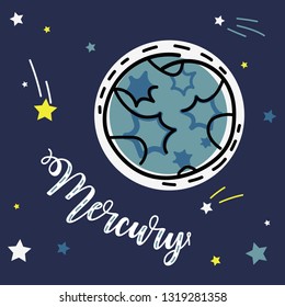Mercury planet. Vector collection of solar system planets. Educational visual aid for children.
Practical handout for kids' learning. Cute, doodle, cartoon style.
