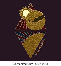Mercury. Planets and stars of Solar system. Symbols for astronomy and astrology. Stylized characters with a gold contour in the form of triangles on a dark background.