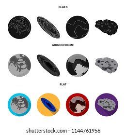 Mercury, Pluto of the Planet of the Solar System. A black hole and a meteorite. Planets set collection icons in black, flat, monochrome style vector symbol stock illustration web.