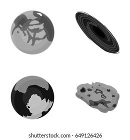 Mercury, Pluto, Planet of the Solar System. A black hole and a meteorite. Planets set collection icons in monochrome style vector symbol stock illustration web.