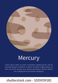 Mercury with round craters from Solar system vertical informative poster with sample text isolated cartoon vector illustration on blue background.