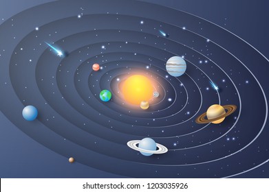 Mercury Solar system circle background.The planets are rotating around the sun.The galaxy is full of stars.Creative origami paper art and cut style.Science space graphic concept vector,illustration