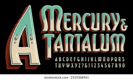 Mercury and Tantalum is an ornate antique style alphabet with a modern twist. Unique letterforms with a circus, carnival, Victorian, old west, tattoo parlor, or boutique sign painter's vibe.