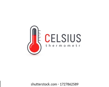 Quecksilberthermometer, Logo im Maßstab Celsius. Medizinischer Werkzeugtyp für die Messung bei hohen Temperaturen. Rot und schwarz Wettervorhersage app Symbol auf weißem Hintergrund. Meteorologisches Kastenelement-Zeichen.