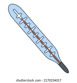 Mercury thermometer. Device for measuring body temperature. Color vector illustration. Isolated background. The subject of health. Cartoon style. Glass thermometer. Analysis of the symptoms 
