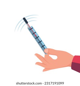 Mercury thermometer in hand. Human hold medical thermometer. Vector illustration flat style design. Isolated on background. Diagnostic equipment. Health monitoring. Symptoms of cold. Heat flu concept.