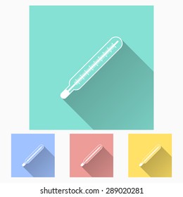 Mercury thermometer - icon is white with long shadow, flat design. 