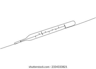 Mercury thermometer, medical supplies, equipment one line art. Continuous line drawing of medication, needle, healthcare, clinical, disposable, tool, temperature, fever, healthy