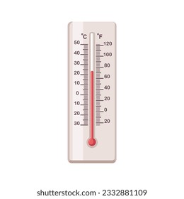 Mercury thermometer for outdoor temperature measurement. Analog weather tool, double scale, measuring degrees in Celsius, Fahrenheit. Flat cartoon vector illustration isolated on white background