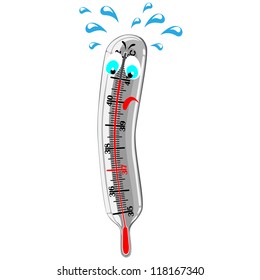 Mercury thermometer showing high temperature, vector illustration isolated on white background