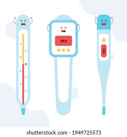 Un termómetro de mercurio muestra una temperatura de 39. Un termómetro infrarrojo muestra una temperatura de 39. Un termómetro electrónico muestra una temperatura de 39. Colección de termómetros.