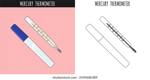 Mercury Thermometer Vector Line art and Colored Illustration