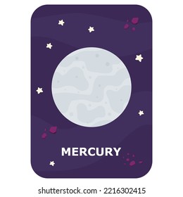 Mercury. Vector Space flash card. English language game with cute astronaut, rocket, planet, comet, alien for kids. Astronomy flashcards with funny characters. Simple educational printable worksheet