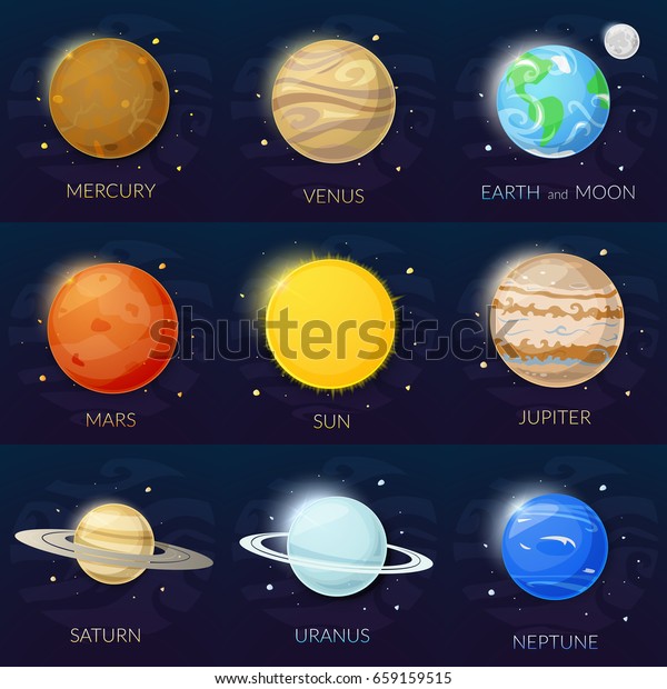 Mercury,\
Venus, Earth and Moon, Mars, Sun, Jupiter, Saturn, Uranus, Neptune\
planets of solar system vector\
illustration