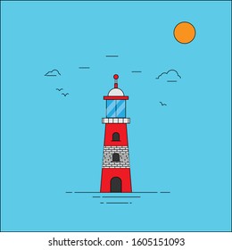 Mercusuar vector,flat design simple with blue sea background eps10
