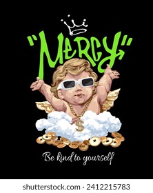 mercy graffitti slogan with boy angel and gold coins hand drawn vector illustration on black background