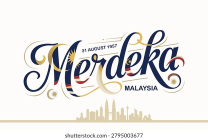 Merdeka Malaysia 2026 Typography Independence Day Vector Design. Elegant Merdeka Malaysia typography vector celebrating Malaysian Independence Day with patriotic colors and modern calligraphy style, perfect for national events, banners, posters, and social media campaigns.
