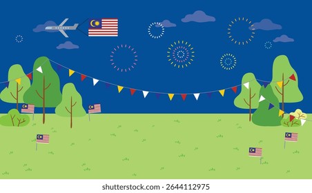 Merdeka Malaysia Independence day celebration crowd in traditional clothings plane fly happy night park view background