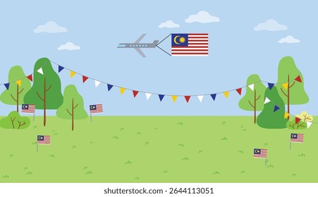 Merdeka Malaysia Independence day celebration crowd in traditional clothings plane fly happy day park view background