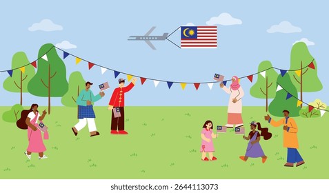 Merdeka Malaysia Independence day celebration crowd in traditional clothings plane fly happy day park view