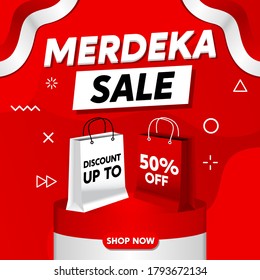 MERDEKA SALE (Independence Sale), Indonesia Independence Day Promo Banner Design with Bag Shop and Indonesia Flag. 50% OFF. Vector Flat Design