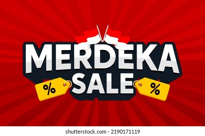 Merdeka Sale (Independence Sale) Indonesia Independence Sale Day Promo Banner, Discount 3D Text Tittle with Indonesian Flag and Red Background.Suitable for Flyer, Poster and Social Media Post Template