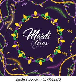 merdi gras celebration with necklace and feathers