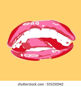 mere lyn Monroe red lips Abstract  on face area. Sexy biting red lips. Abstract lipstick in the open mouth with gold metal bullet. Vector- illustration.