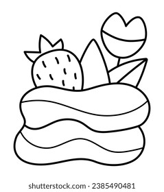 Merengue with strawberry and lips top line icon. French dessert vector black and white illustration or coloring page. Cake picture 
