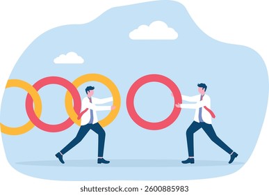 Merge. Businessmen join together to connect the chain

