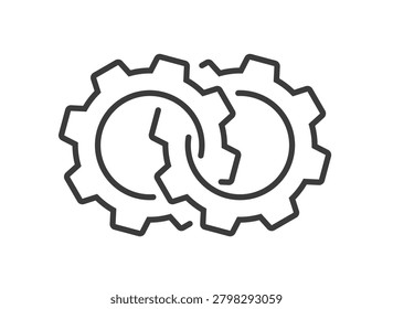 Merge combine cogs as workflow process icon line stroke vector, integration link gears sign symbol as business collaboration consolidate mechanism, cooperation engineering technology logo