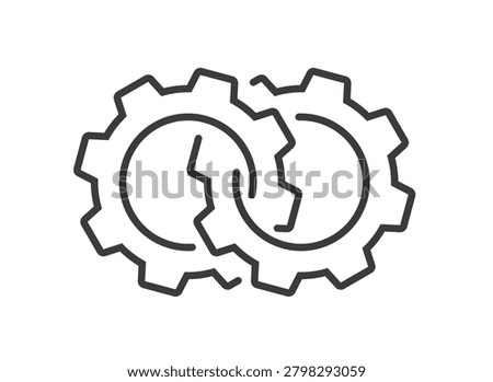 Merge combine cogs as workflow process icon line stroke vector, integration link gears sign symbol as business collaboration consolidate mechanism, cooperation engineering technology logo