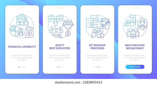 Merge company team effectively blue gradient onboarding mobile app screen. Walkthrough 4 steps graphic instructions with linear concepts. UI, UX, GUI template. Myriad Pro-Bold, Regular fonts used