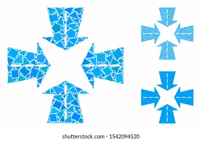 Merge directions composition of uneven parts in variable sizes and color tinges, based on merge directions icon. Vector unequal parts are united into collage.