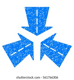 Merge Directions grainy textured icon for overlay watermark stamps. Flat symbol with unclean texture. Dotted vector blue ink rubber seal stamp with grunge design on a white background.