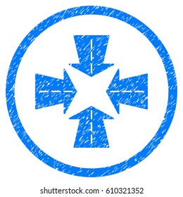 Merge Directions grainy textured icon inside circle for overlay watermark stamps. Flat symbol with dirty texture. Circled vector blue rubber seal stamp with grunge design.