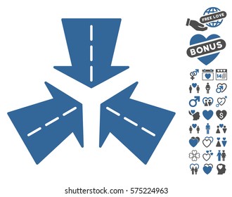 Merge Directions icon with bonus valentine images. Vector illustration style is flat rounded iconic cobalt and gray symbols on white background.