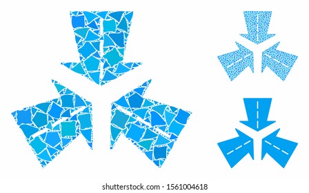Merge directions mosaic of tuberous parts in different sizes and color tinges, based on merge directions icon. Vector uneven parts are combined into mosaic.